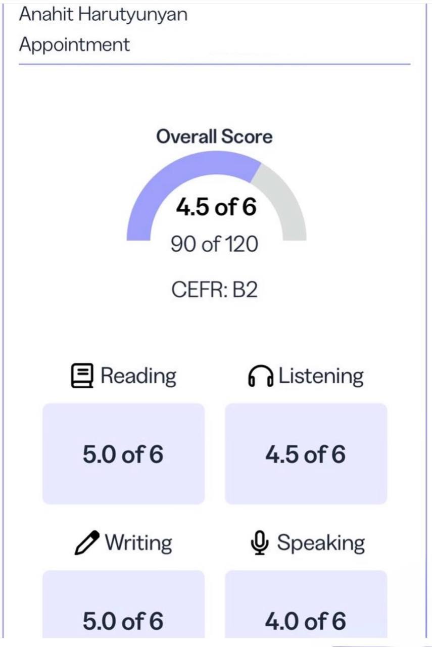 TOEFL overall 4.5 of 6, 90 of 120, CEFR B2 — Anahit Harutyunyan