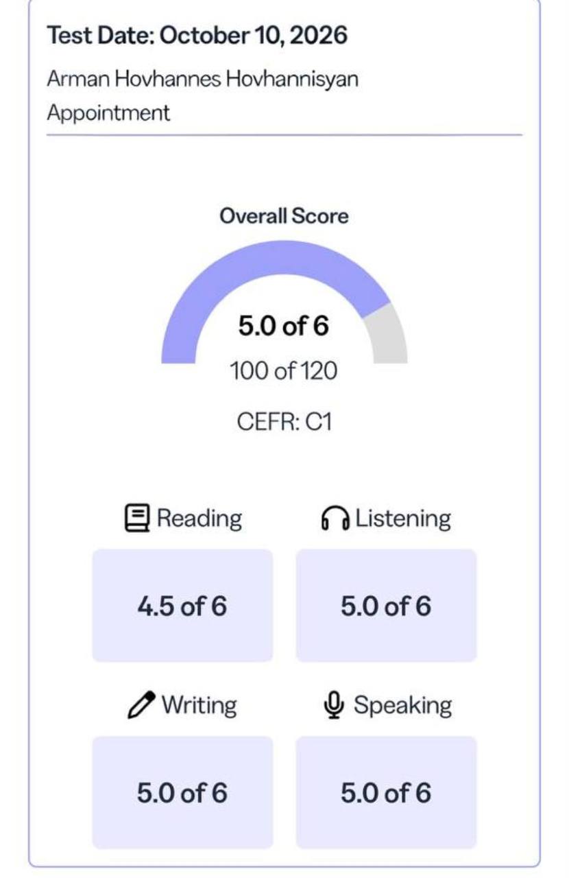 TOEFL overall 5.0 of 6, 100 of 120, CEFR C1 — Arman Hovhannes Hovhannisyan, October 10, 2026