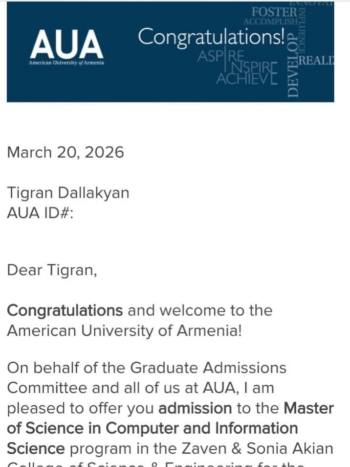 American University of Armenia admission offer — BA in Politics and Governance, Alvard Hovhannisyan