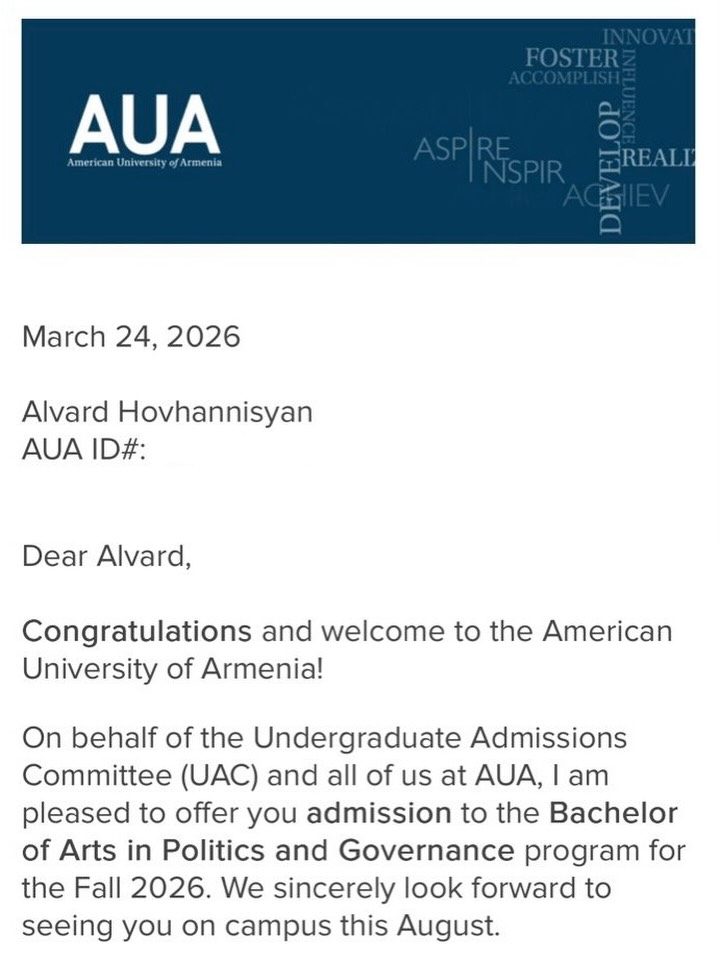 American University of Armenia admission offer — MS in Computer and Information Science, Tigran Dallakyan