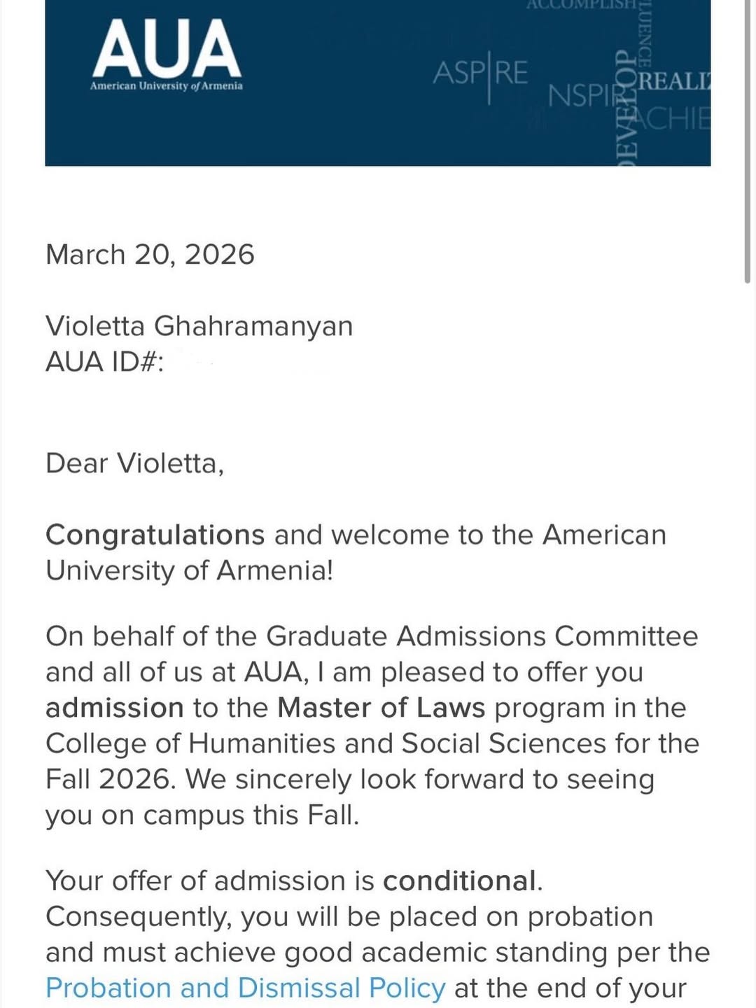 American University of Armenia admission offer — Master of Laws, Violetta Ghahramanyan