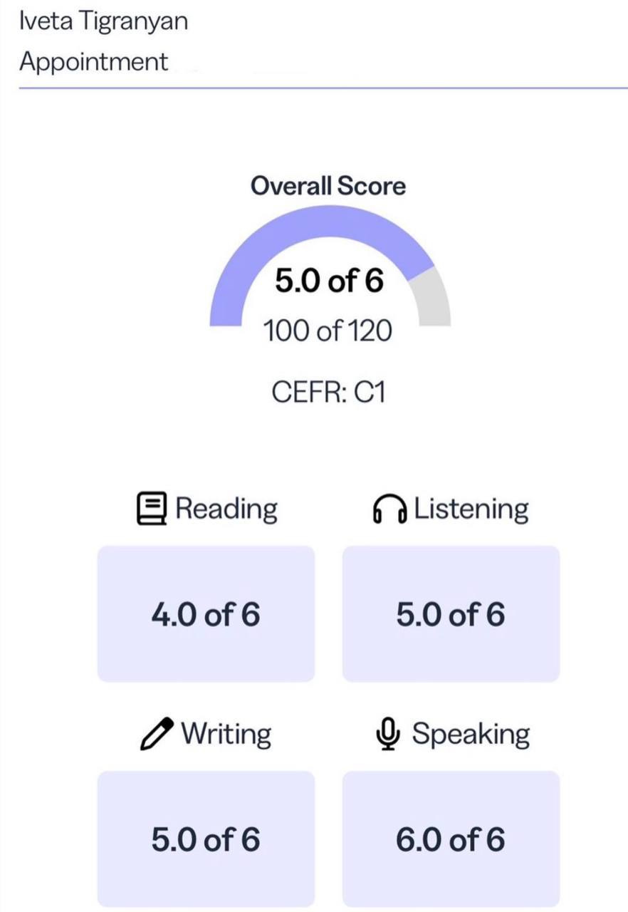 TOEFL overall 5.0 of 6, 100 of 120, CEFR C1 — Iveta Tigranyan