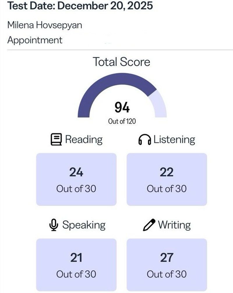 TOEFL 94 out of 120 — Milena Hovsepyan