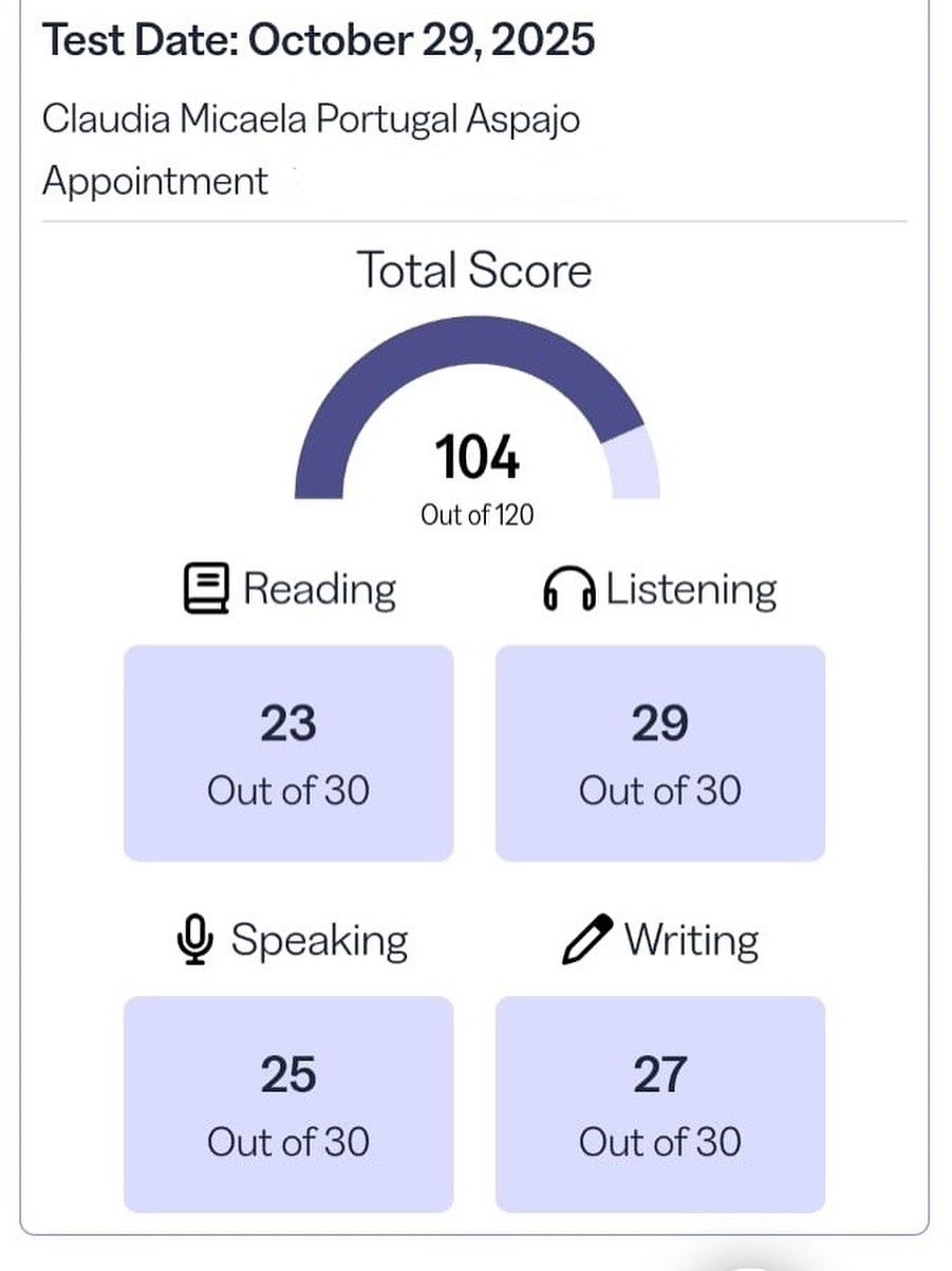 TOEFL 104 out of 120 — Claudia Micaela Portugal Aspajo