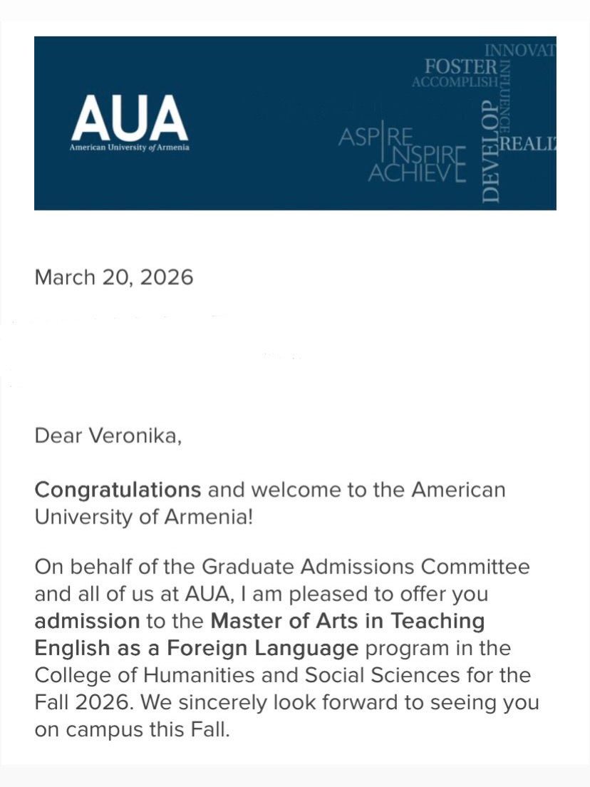 American University of Armenia admission offer — MA in Teaching English as a Foreign Language