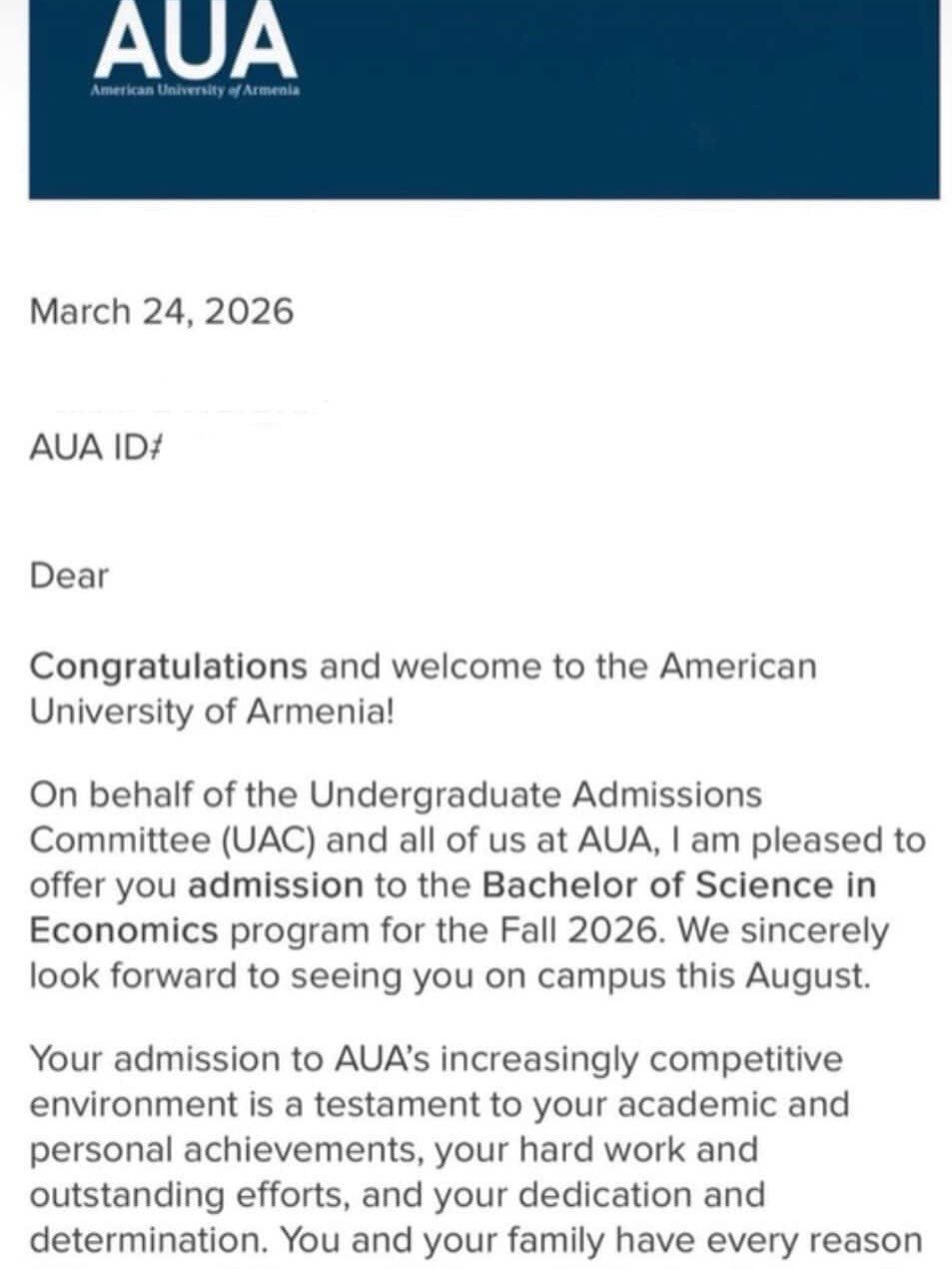American University of Armenia admission offer — BS in Economics