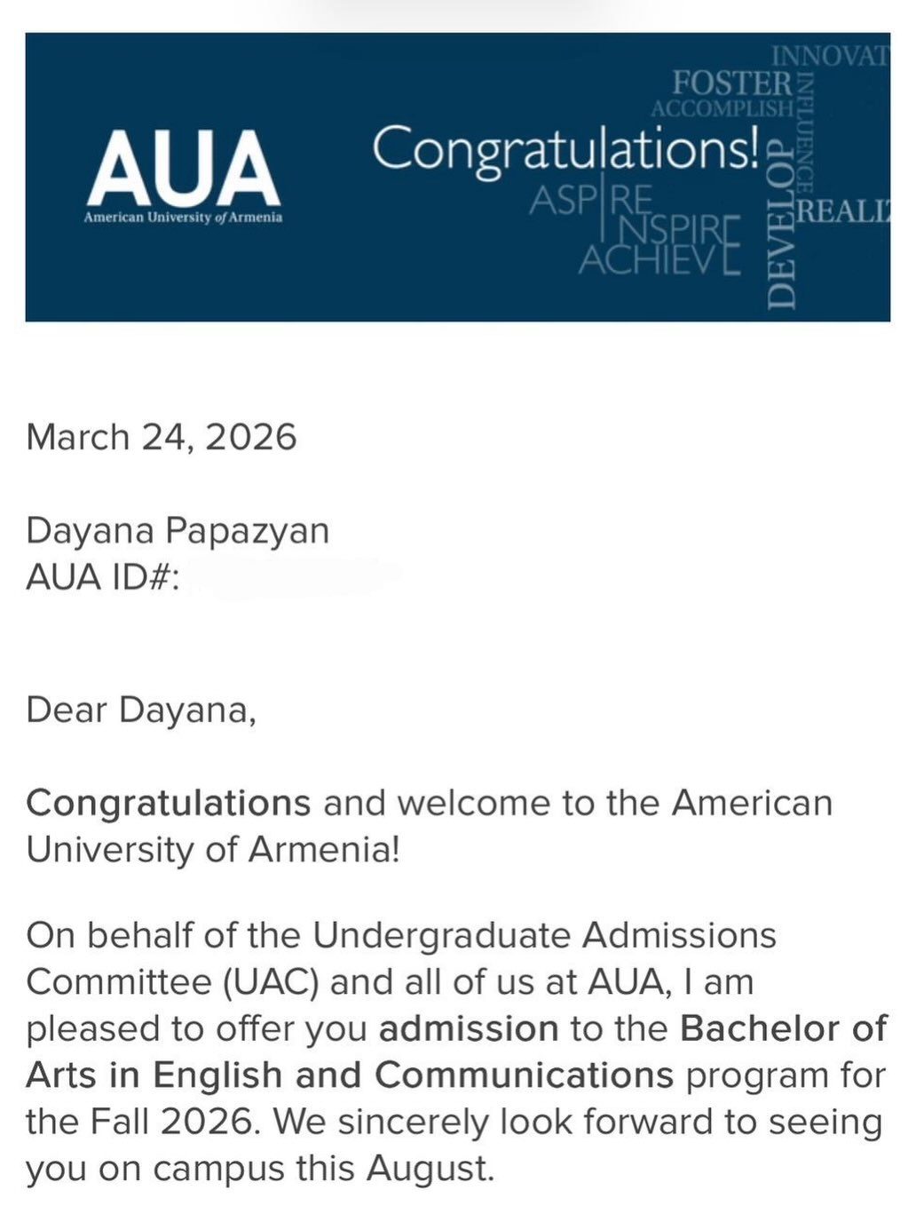 American University of Armenia admission offer — BA in English and Communications, Dayana Papazyan