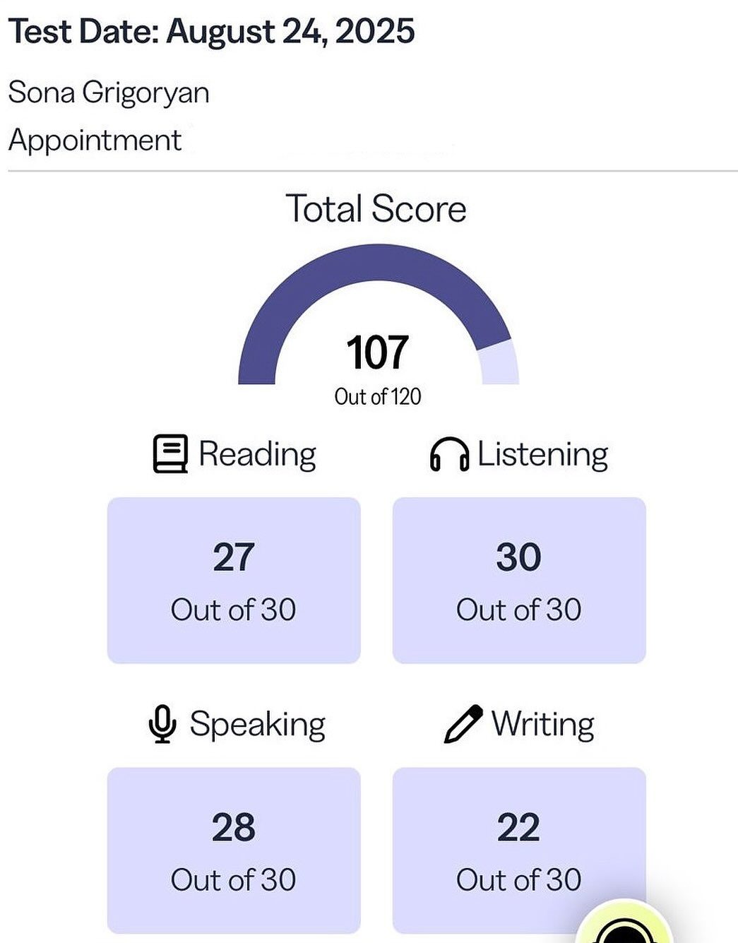 TOEFL 107 out of 120 — Sona Grigoryan