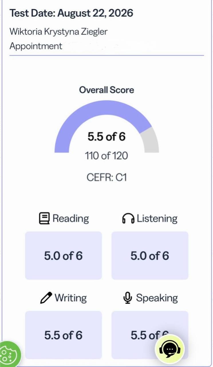 TOEFL overall 5.5 of 6, 110 of 120, CEFR C1 — Wiktoria Krystyna Ziegler, August 22, 2026