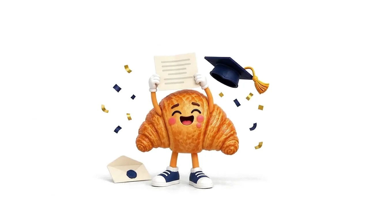 The croissant holds up its acceptance letter, confetti falling