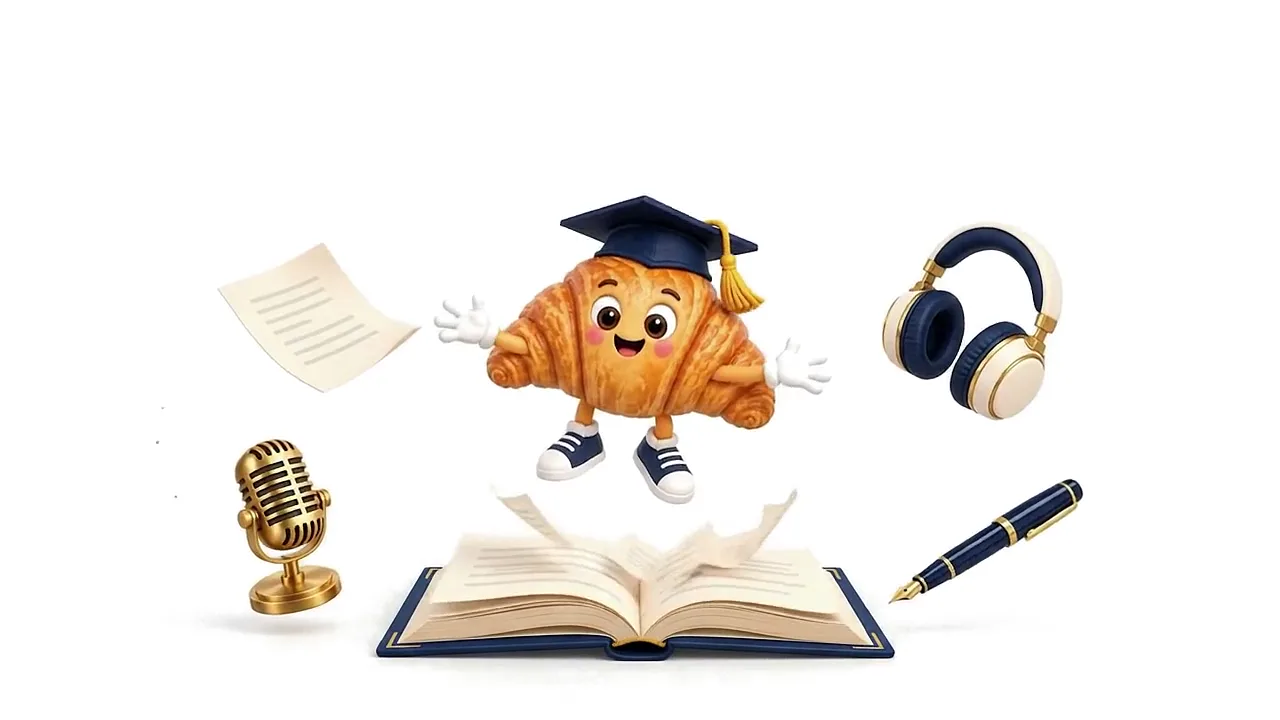 A page, headphones, a microphone and a pen float around the croissant